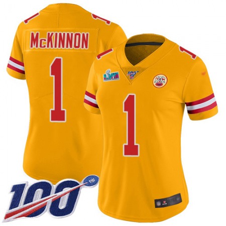 Nike Chiefs #1 Jerick McKinnon Gold Super Bowl LVII Patch Women's Stitched NFL Limited Inverted Legend 100th Season Jersey