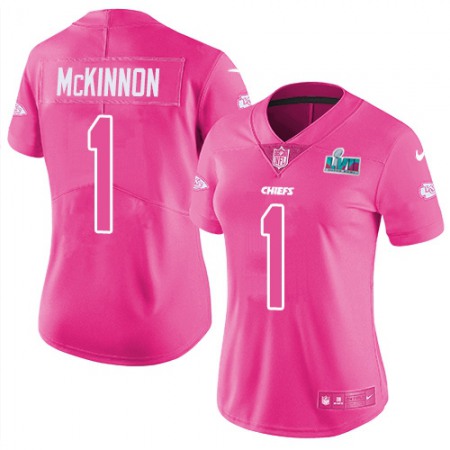 Nike Chiefs #1 Jerick McKinnon Pink Super Bowl LVII Patch Women's Stitched NFL Limited Rush Fashion Jersey