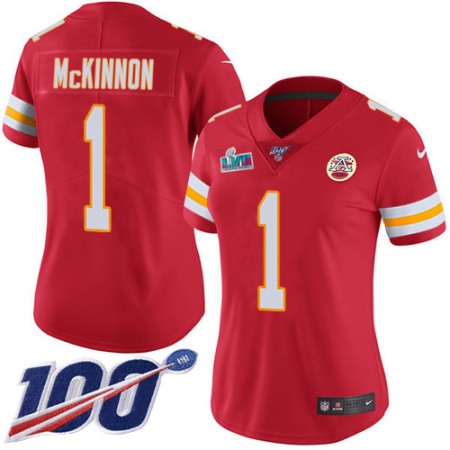 Nike Chiefs #1 Jerick McKinnon Red Team Color Super Bowl LVII Patch Women's Stitched NFL 100th Season Vapor Limited Jersey