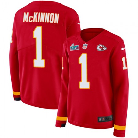 Nike Chiefs #1 Jerick McKinnon Red Team Color Super Bowl LVII Patch Women's Stitched NFL Limited Therma Long Sleeve Jersey