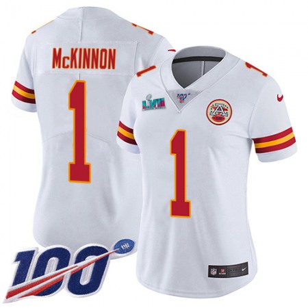 Nike Chiefs #1 Jerick McKinnon White Super Bowl LVII Patch Women's Stitched NFL 100th Season Vapor Limited Jersey