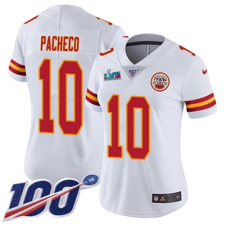 Nike Chiefs #10 Isiah Pacheco White Super Bowl LVII Patch Women's Stitched NFL 100th Season Vapor Limited Jersey