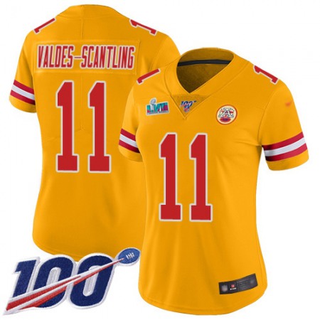 Nike Chiefs #11 Marquez Valdes-Scantling Gold Super Bowl LVII Patch Women's Stitched NFL Limited Inverted Legend 100th Season Jersey