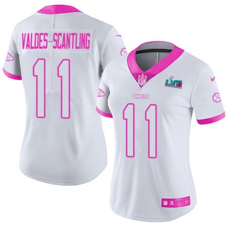 Nike Chiefs #11 Marquez Valdes-Scantling White/Pink Super Bowl LVII Patch Women's Stitched NFL Limited Rush Fashion Jersey
