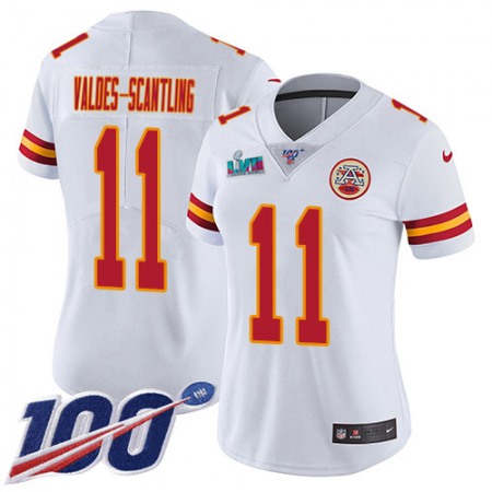 Nike Chiefs #11 Marquez Valdes-Scantling White Super Bowl LVII Patch Women's Stitched NFL 100th Season Vapor Limited Jersey