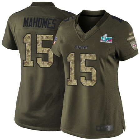 Nike Chiefs #15 Patrick Mahomes Green Super Bowl LVII Patch Women's Stitched NFL Limited 2015 Salute to Service Jersey