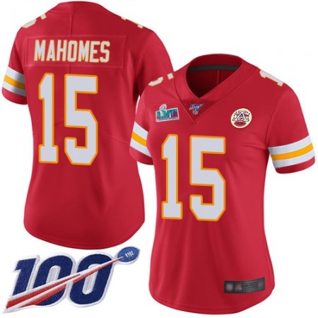 Nike Chiefs #15 Patrick Mahomes Red Team Color Super Bowl LVII Patch Women's Stitched NFL 100th Season Vapor Limited Jersey
