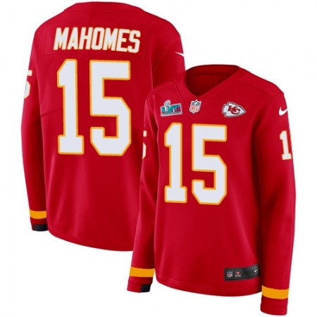 Nike Chiefs #15 Patrick Mahomes Red Team Color Super Bowl LVII Patch Women's Stitched NFL Limited Therma Long Sleeve Jersey