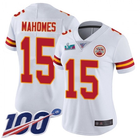 Nike Chiefs #15 Patrick Mahomes White Super Bowl LVII Patch Women's Stitched NFL 100th Season Vapor Limited Jersey