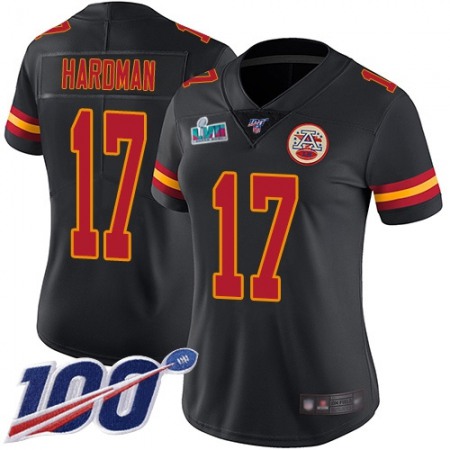 Nike Chiefs #17 Mecole Hardman Black Super Bowl LVII Patch Women's Stitched NFL Limited Rush 100th Season Jersey