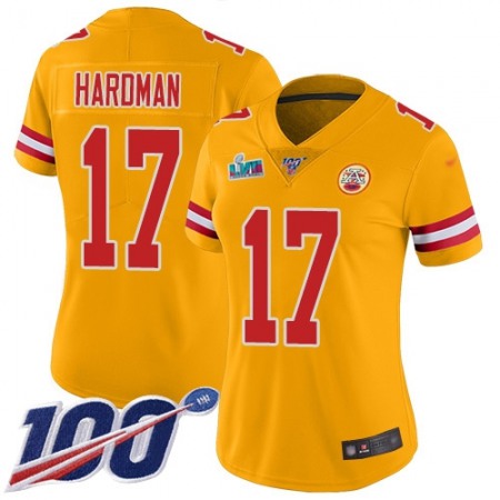 Nike Chiefs #17 Mecole Hardman Gold Super Bowl LVII Patch Women's Stitched NFL Limited Inverted Legend 100th Season Jersey