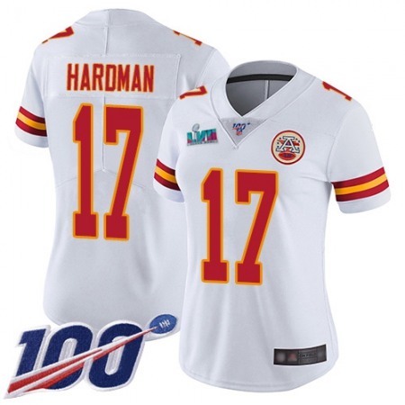 Nike Chiefs #17 Mecole Hardman White Super Bowl LVII Patch Women's Stitched NFL 100th Season Vapor Limited Jersey