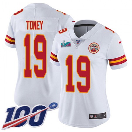 Nike Chiefs #19 Kadarius Toney White Super Bowl LVII Patch Women's Stitched NFL 100th Season Vapor Limited Jersey