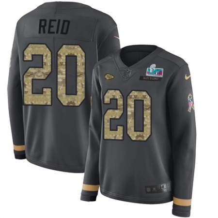 Nike Chiefs #20 Justin Reid Anthracite Super Bowl LVII Patch Salute to Service Women's Stitched NFL Limited Therma Long Sleeve Jersey