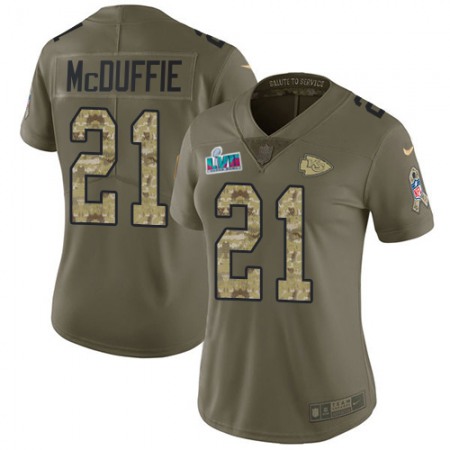 Nike Chiefs #21 Trent McDuffie Olive/Camo Super Bowl LVII Patch Women's Stitched NFL Limited 2017 Salute to Service Jersey