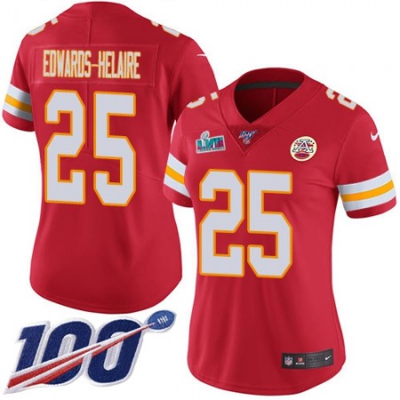Nike Chiefs #25 Clyde Edwards-Helaire Red Team Color Super Bowl LVII Patch Women's Stitched NFL 100th Season Vapor Limited Jersey