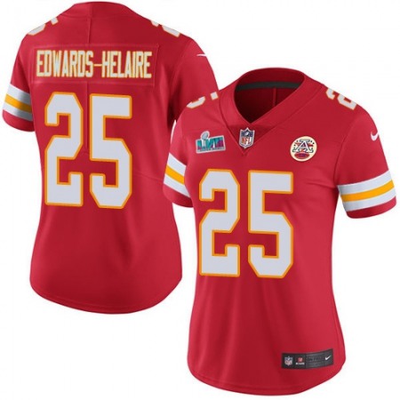 Nike Chiefs #25 Clyde Edwards-Helaire Red Team Color Super Bowl LVII Patch Women's Stitched NFL Vapor Untouchable Limited Jersey