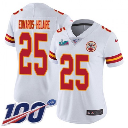 Nike Chiefs #25 Clyde Edwards-Helaire White Super Bowl LVII Patch Women's Stitched NFL 100th Season Vapor Limited Jersey