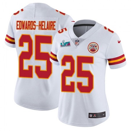 Nike Chiefs #25 Clyde Edwards-Helaire White Super Bowl LVII Patch Women's Stitched NFL Vapor Untouchable Limited Jersey