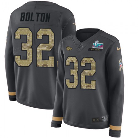 Nike Chiefs #32 Nick Bolton Anthracite Salute to Service Super Bowl LVII Patch Women's Stitched NFL Limited Therma Long Sleeve Jersey
