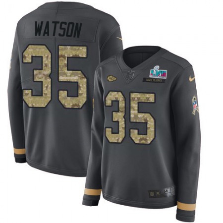 Nike Chiefs #35 Jaylen Watson Anthracite Salute to Service Super Bowl LVII Patch Women's Stitched NFL Limited Therma Long Sleeve Jersey