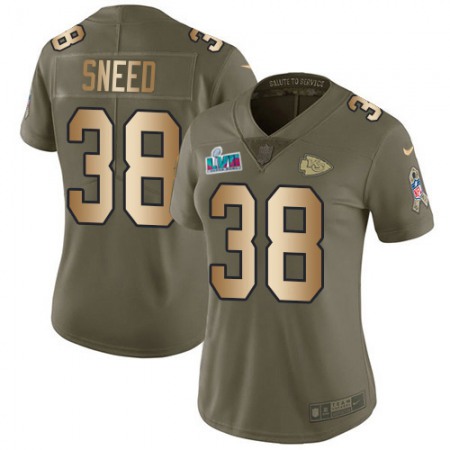 Nike Chiefs #38 L'Jarius Sneed Olive/Gold Super Bowl LVII Patch Women's Stitched NFL Limited 2017 Salute to Service Jersey