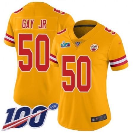 Nike Chiefs #50 Willie Gay Jr. Gold Super Bowl LVII Patch Women's Stitched NFL Limited Inverted Legend 100th Season Jersey