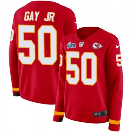 Nike Chiefs #50 Willie Gay Jr. Red Team Color Super Bowl LVII Patch Women's Stitched NFL Limited Therma Long Sleeve Jersey