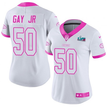 Nike Chiefs #50 Willie Gay Jr. White/Pink Super Bowl LVII Patch Women's Stitched NFL Limited Rush Fashion Jersey