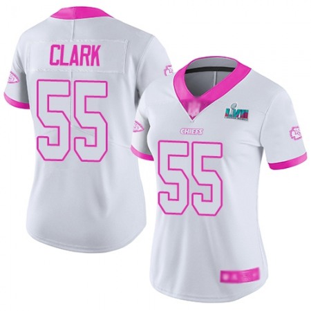 Nike Chiefs #55 Frank Clark White/Pink Super Bowl LVII Patch Women's Stitched NFL Limited Rush Fashion Jersey