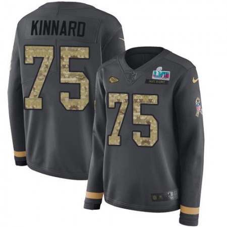 Nike Chiefs #75 Darian Kinnard Anthracite Salute to Service Super Bowl LVII Patch Women's Stitched NFL Limited Therma Long Sleeve Jersey