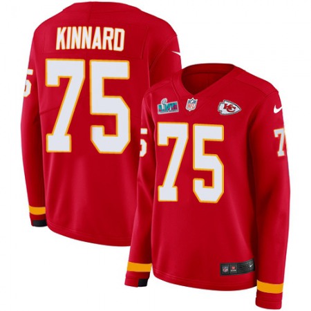 Nike Chiefs #75 Darian Kinnard Red Team Color Super Bowl LVII Patch Women's Stitched NFL Limited Therma Long Sleeve Jersey