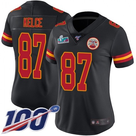 Nike Chiefs #87 Travis Kelce Black Super Bowl LVII Patch Women's Stitched NFL Limited Rush 100th Season Jersey
