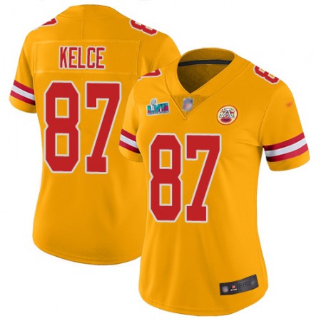 Nike Chiefs #87 Travis Kelce Gold Super Bowl LVII Patch Women's Stitched NFL Limited Inverted Legend Jersey