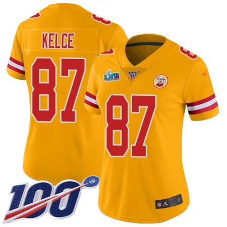 Nike Chiefs #87 Travis Kelce Gold Super Bowl LVII Patch Women's Stitched NFL Limited Inverted Legend 100th Season Jersey