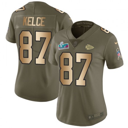 Nike Chiefs #87 Travis Kelce Olive/Gold Super Bowl LVII Patch Women's Stitched NFL Limited 2017 Salute To Service Jersey