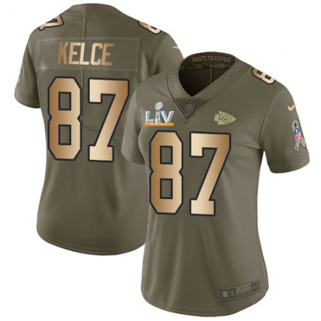 Nike Chiefs #87 Travis Kelce Olive/Gold Women's Super Bowl LV Bound Stitched NFL Limited 2017 Salute To Service Jersey
