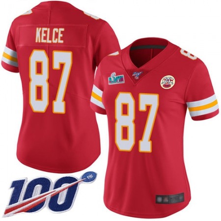 Nike Chiefs #87 Travis Kelce Red Team Color Super Bowl LVII Patch Women's Stitched NFL 100th Season Vapor Limited Jersey