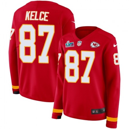 Nike Chiefs #87 Travis Kelce Red Team Color Super Bowl LVII Patch Women's Stitched NFL Limited Therma Long Sleeve Jersey