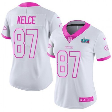 Nike Chiefs #87 Travis Kelce White/Pink Super Bowl LVII Patch Women's Stitched NFL Limited Rush Fashion Jersey