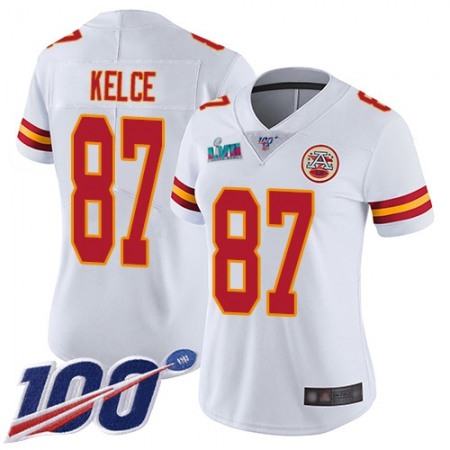 Nike Chiefs #87 Travis Kelce White Super Bowl LVII Patch Women's Stitched NFL 100th Season Vapor Limited Jersey