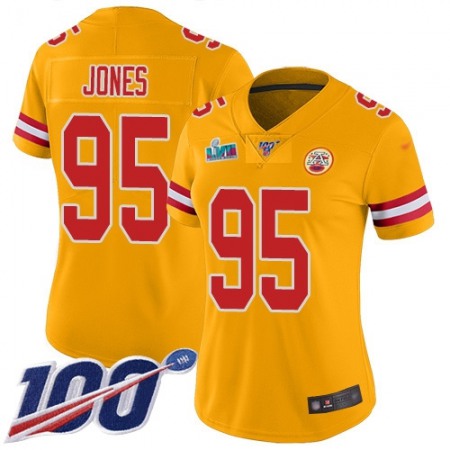 Nike Chiefs #95 Chris Jones Gold Super Bowl LVII Patch Women's Stitched NFL Limited Inverted Legend 100th Season Jersey