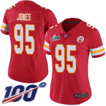 Nike Chiefs #95 Chris Jones Red Team Color Super Bowl LVII Patch Women's Stitched NFL 100th Season Vapor Limited Jersey