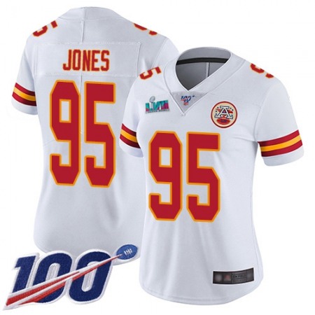 Nike Chiefs #95 Chris Jones White Super Bowl LVII Patch Women's Stitched NFL 100th Season Vapor Limited Jersey