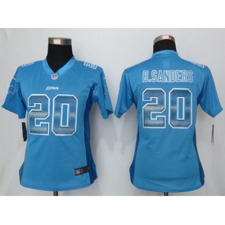 Nike Lions #20 Barry Sanders Light Blue Team Color Women's Stitched NFL Elite Strobe Jersey