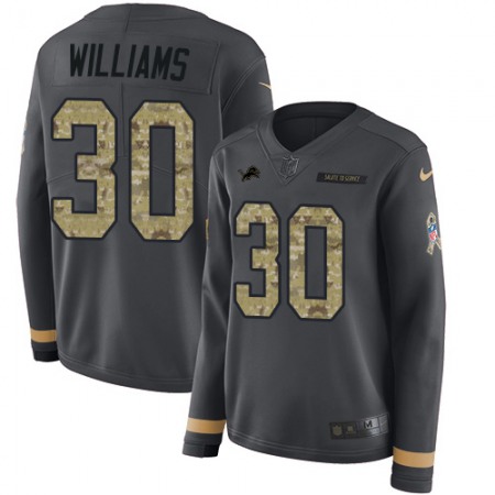 Nike Lions #30 Jamaal Williams Anthracite Salute to Service Women's Stitched NFL Limited Therma Long Sleeve Jersey