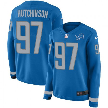 Nike Lions #97 Aidan Hutchinson Blue Team Color Women's Stitched NFL Limited Therma Long Sleeve Jersey
