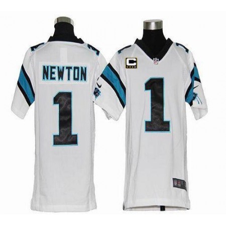 Nike Panthers #1 Cam Newton White With C Patch Youth Stitched NFL Elite Jersey