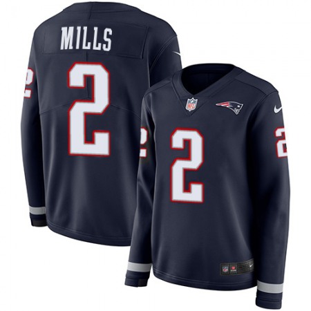 Nike Patriots #2 Jalen Mills Navy Blue Team Color Women's Stitched NFL Limited Therma Long Sleeve Jersey