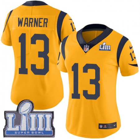 Nike Rams #13 Kurt Warner Gold Super Bowl LIII Bound Women's Stitched NFL Limited Rush Jersey